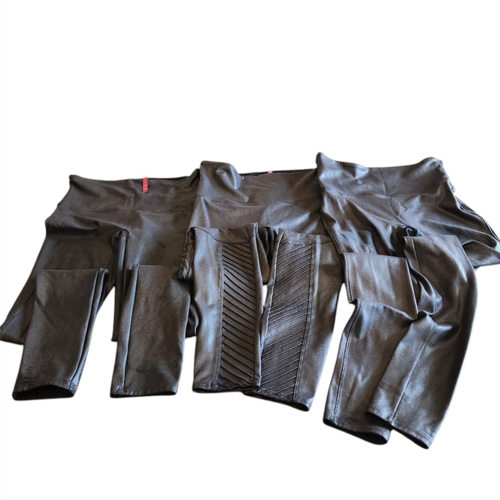 SPANX Black Faux Leather Shapewear Leggings Trio BUNDLE All Size Medium